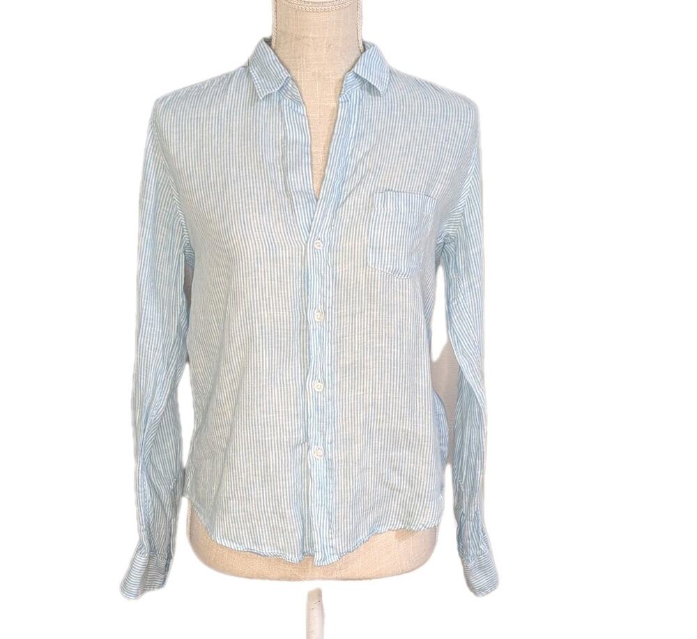 Frank & Eileen Shirt Women XS Blue Eileen 100% Italian Linen Button Front Casual